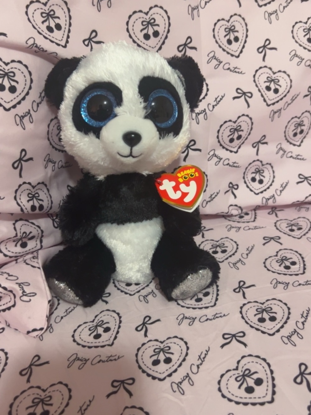 Ty Black & White Panda Plush with Sparkly Blue Eyes